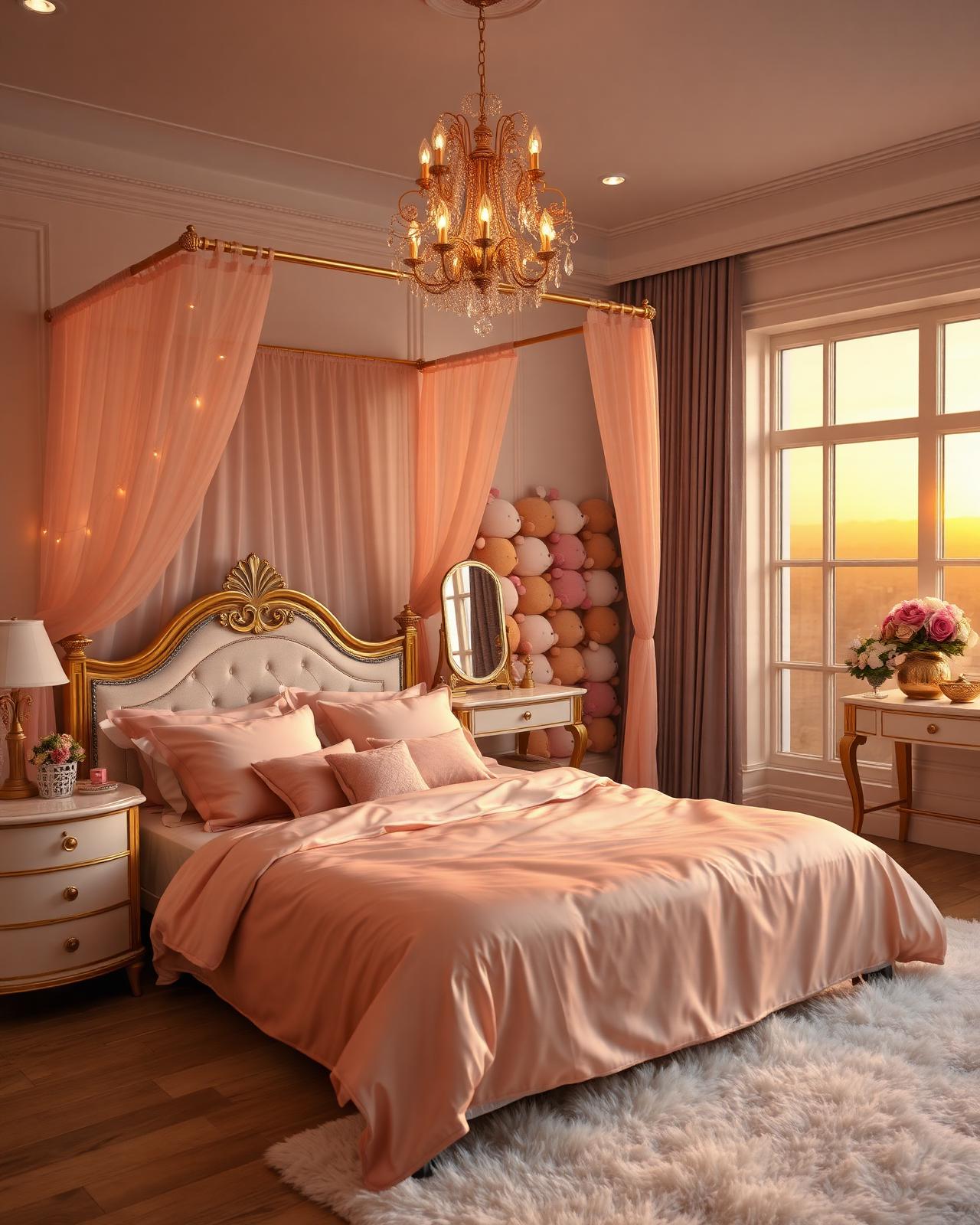 The K-drama dream bedroom at golden hour — canopy bed, stuffed animals, chandelier.