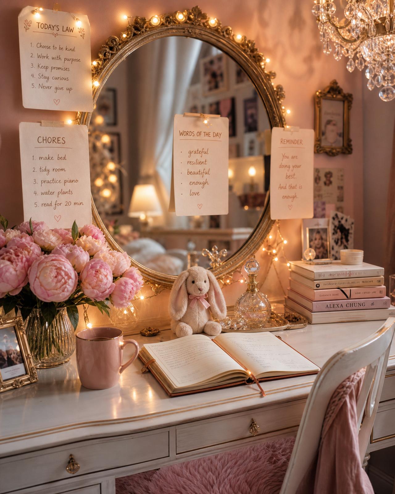 A blush-pink vanity desk with a round gold mirror — notes pinned around it showing Today's Law, Chores, and Words of the Day, a peony bouquet, a stuffed bunny, and an open journal.