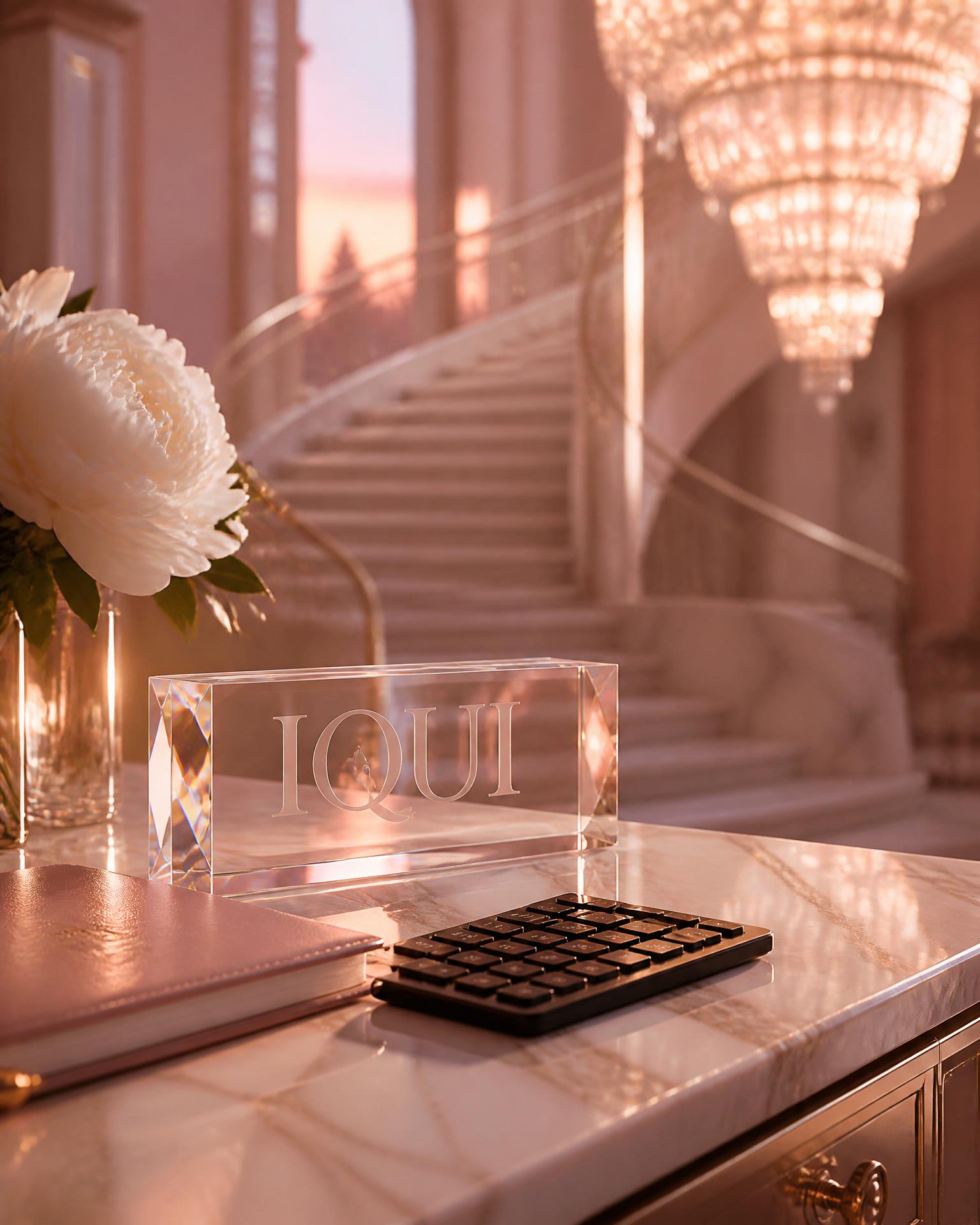 The same marble desk in close-up — calculator, leather notebook, white peony and crystal IQUI nameplate refracting the chandelier's prismatic light.